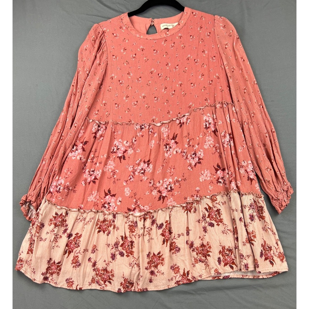 Penelope Rose Floral Tiered Babydoll Dress Women Medium Pink Long Sleeve Mini EX